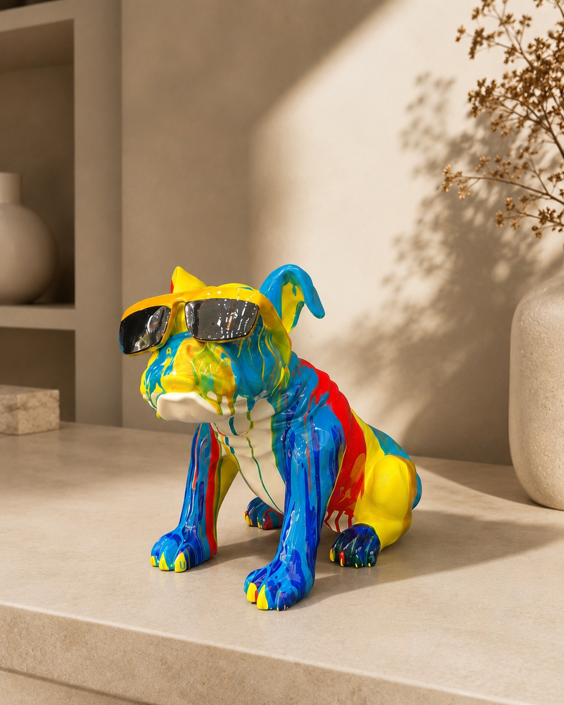 Colorful Bulldog Sculpture with Sunglasses