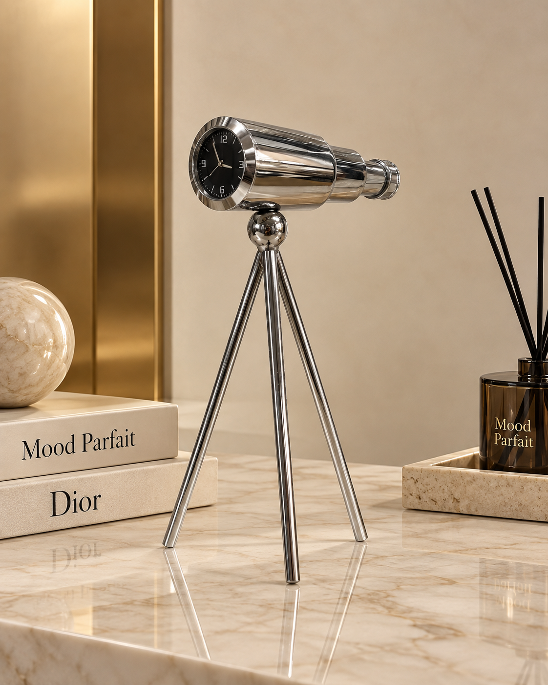 Silver Telescope Clock Decor