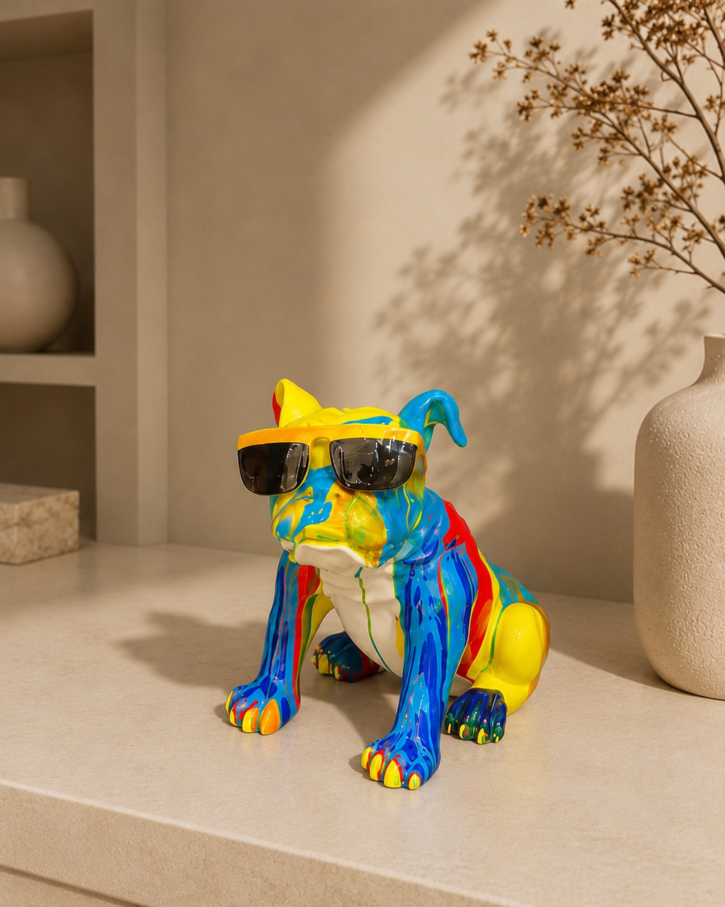 Colorful Bulldog Sculpture with Sunglasses