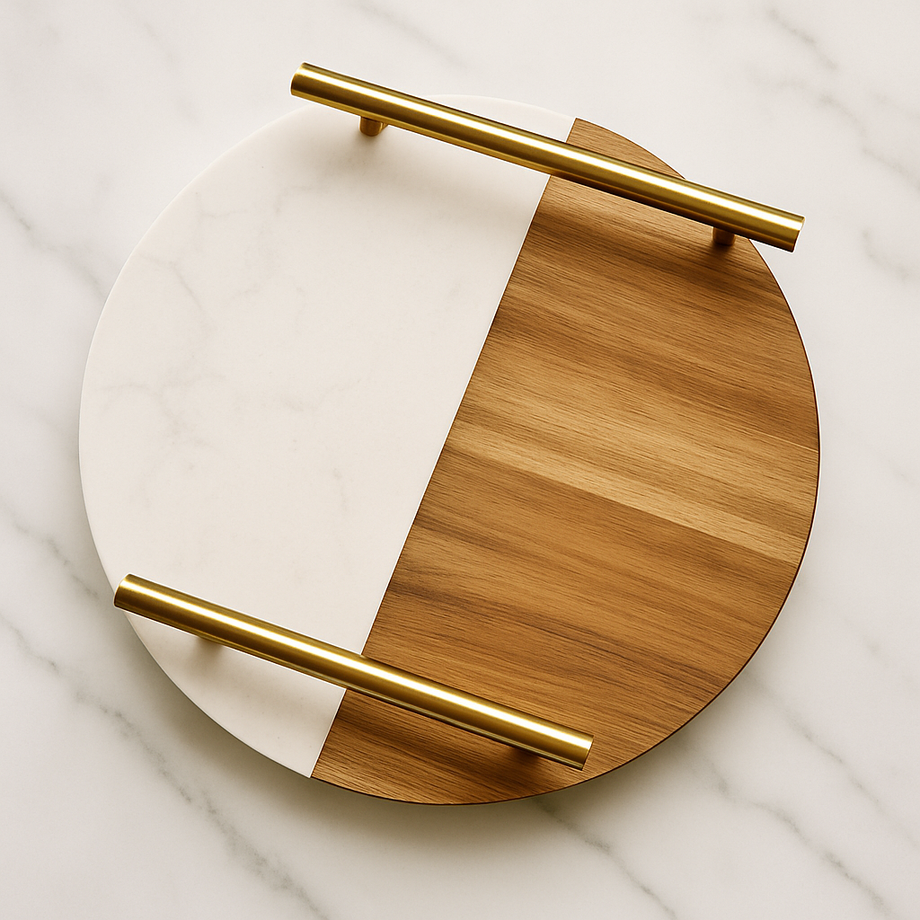 Marble and wood round tray