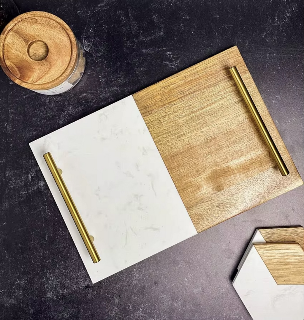 Marble & Wood Serving Board – Gold Handles