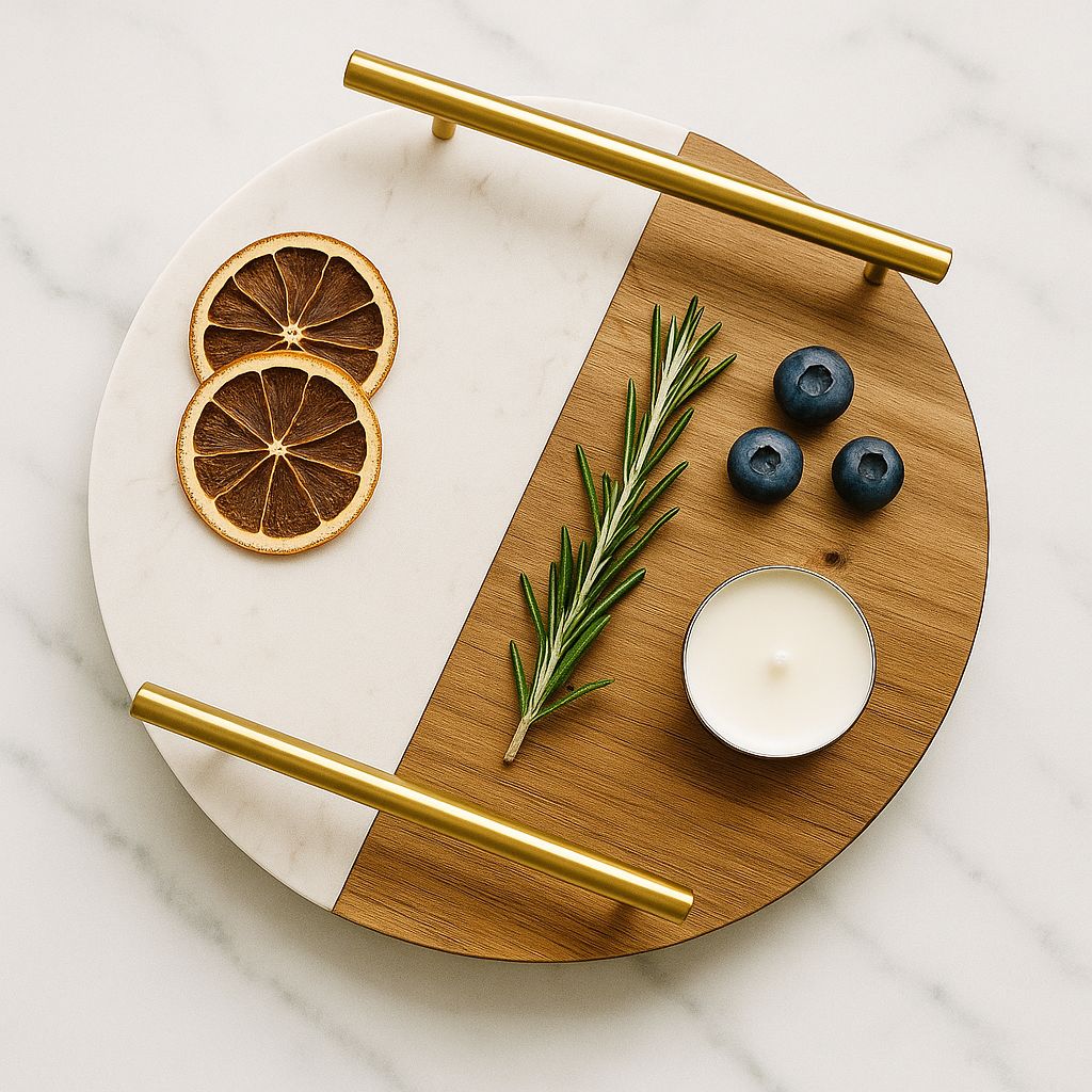 Marble and wood round tray